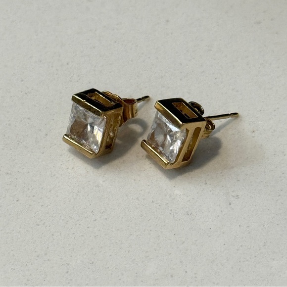 Cubic Zirconia Rectangle Stud Gold Earrings - Picture 3 of 9